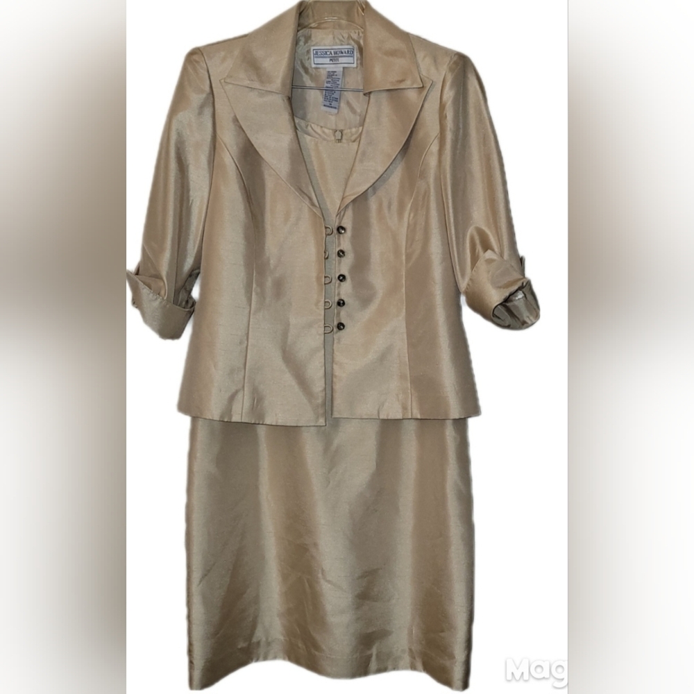 Jessica Howard Evenings Sheath Dress And Jacket Set Sz 10 Petite Gold Shimmer